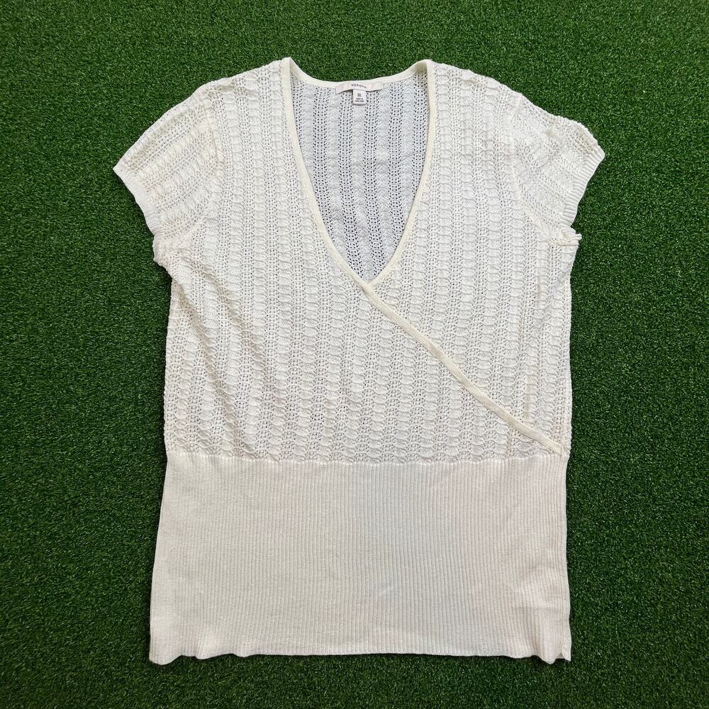 Merona White Short Sleeve Ribbed Open Knit Wrap Top Sz XXL